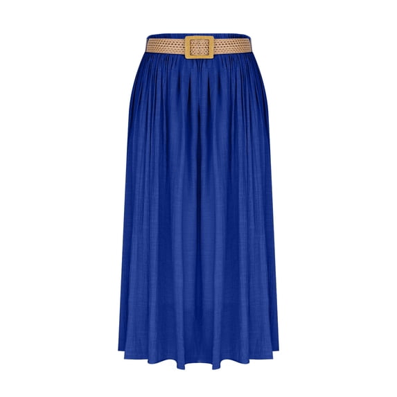 Hduncf Women's Fashion Casual Solid Color Skirt Cotton-Linen Blend, Full A-Line Long Skirt with Belt Women's Skirt Ankle-Length Skirts Blue L