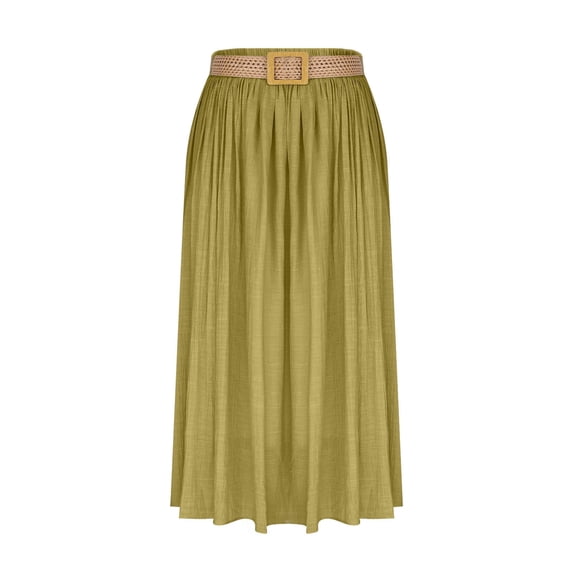 Hduncf Women's Fashion Casual Solid Color Skirt Cotton-Linen Blend, Full A-Line Long Skirt with Belt Women's Skirt Ankle-Length Skirts Yellow S