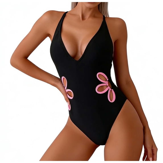 Hduncf Women's Fashion Halter One Piece Swimsuits Cut Out Deep V Neck Tummy Control Backless Bathing Suit Pink L