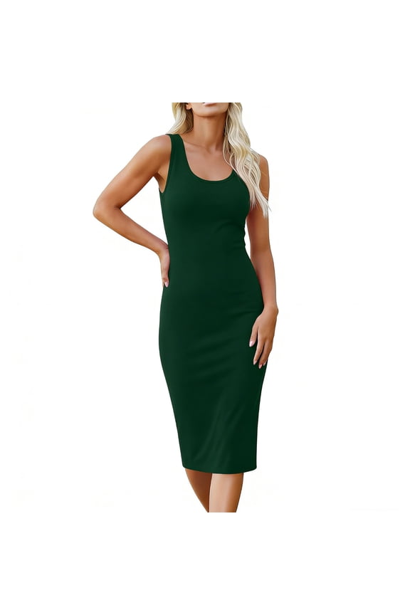 Women's Fashion Solid Color Sleeveless Tank Ruched Casual Knee Length Bodycon Sundress Basic Fitted Dress Green XXL