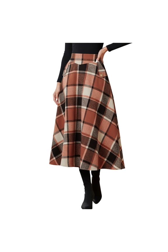 Women's Flannel Plaid Maxi Skirt Fashion Elegant A Line High Waisted Ladies Swing Checkered Skirts with Pockets Orange XXL