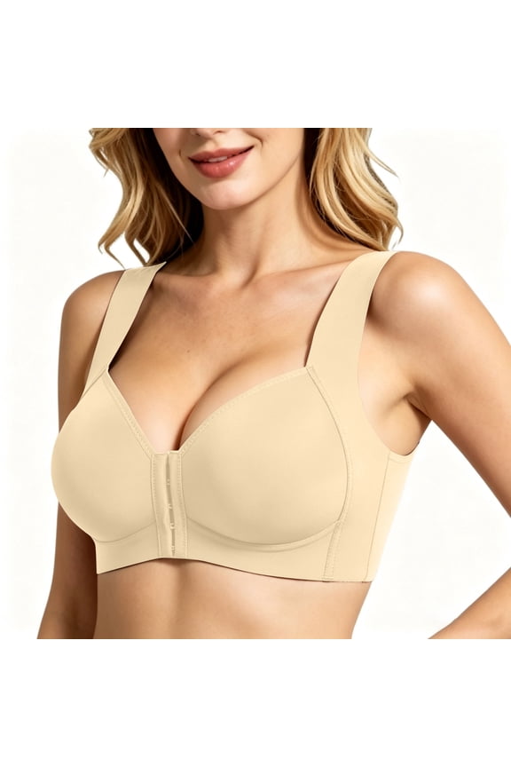 Women's Front Clasp Closure Bras No Underwire Anti-Sagging Push Up Bralettes Seniors Comfort Wireless Full Coverage Bra Beige 95C