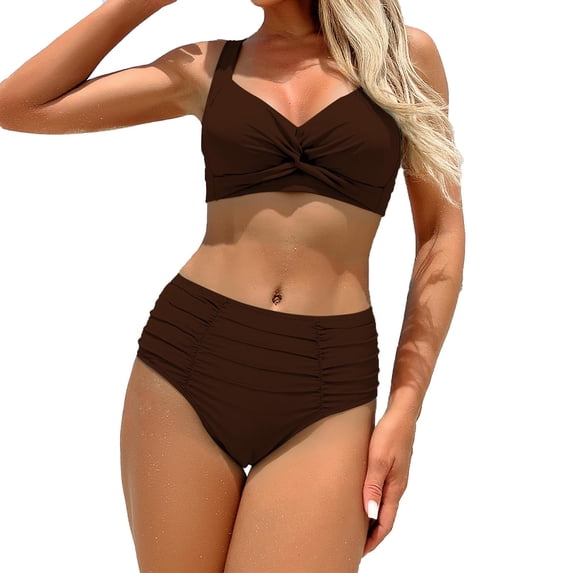 Hduncf Women's High Waisted Bikini Sets, Tummy Control 2 Piece Swimsuits, Full Coverage Knot Front Bathing Suit Brown XXL