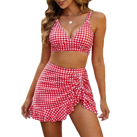 Hduncf Women's High Waisted Bikini Sets Tummy Control Bathing Suit Two Piece Swim Suit Checkered Retro Swimsuit Red XL