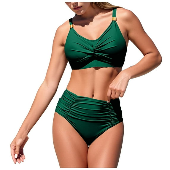 Hduncf Women's High Waisted Bikini Sets Tummy Control Swimsuits Solid Color V Neck Twist Front Bathing Suit Green M