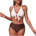 thumbnail image 1 of Hduncf Women's High Waisted Bikini Sets Two Piece Swimsuits Knot Front Cross Back Bathing Suit Color Block Swimwears Brown M, 1 of 7