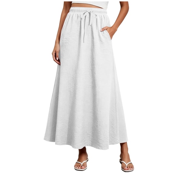 Hduncf Women's Linen Maxi Skirt Drawstring Elastic High Waisted Loose Pocket Flowy Trendy Summer Solid Long Skirts for Women White S