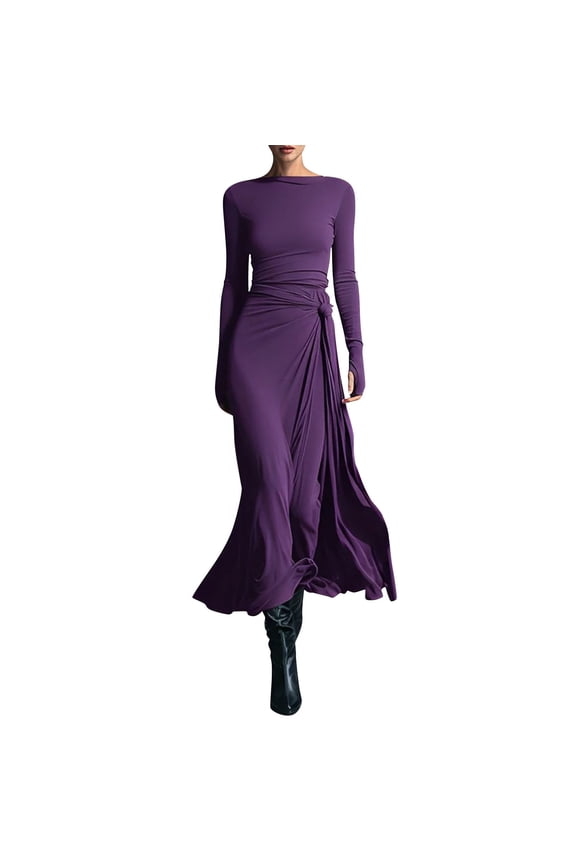 Women's Long Sleeve Maxi Dress Formal Solid Color Slim Fit Knot Decoration Dress Round Neck Elegant Cocktail Party Dresses Purple L