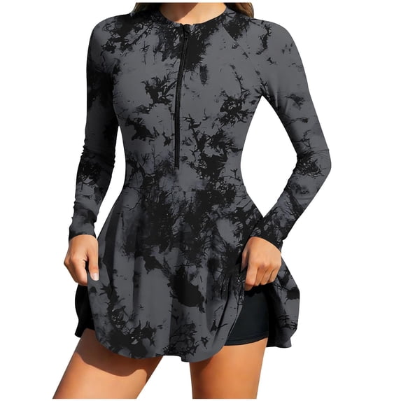 Hduncf Women's Long Sleeve Two Piece Rash Guard Swimsuits Dress Half Zipper Surfing Bathing Swimkirt with Shorts Set Quick Dry Gray L