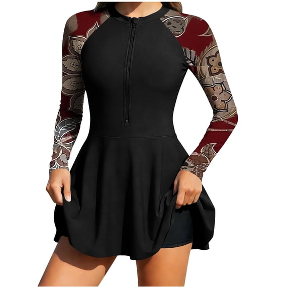 Hduncf Women's Long Sleeve Two Piece Rash Guard Swimsuits Dress Half Zipper Surfing Bathing Swimkirt with Shorts Set Quick Dry Red S