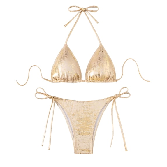 Hduncf Women's Metallic Shiny Bikini Sets Sexy Halter String Triangle Swimsuits Two Piece Beach Bathing Suits Gold S
