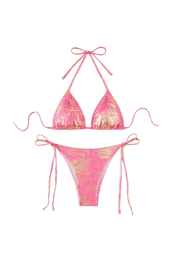 Women's Metallic Shiny Bikini Sets Sexy Halter String Triangle Swimsuits Two Piece Beach Bathing Suits Pink M