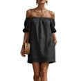 thumbnail image 1 of Hduncf Women's Off Shoulder A-Line Dress Plain Frilled Ruffled Hem Shirred Three Quarter Length Sleeve Mini Dress Black L, 1 of 6