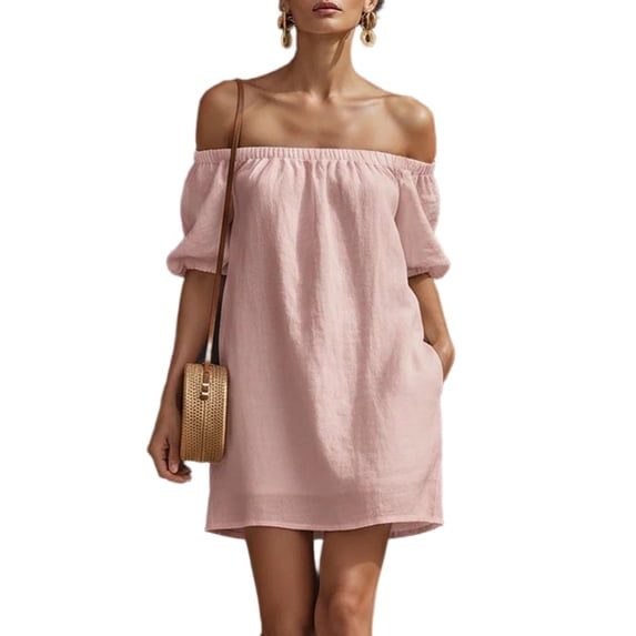 Hduncf Women's Off Shoulder A-Line Dress Plain Frilled Ruffled Hem Shirred Three Quarter Length Sleeve Mini Dress Pink M