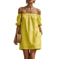 thumbnail image 1 of Hduncf Women's Off Shoulder A-Line Dress Plain Frilled Ruffled Hem Shirred Three Quarter Length Sleeve Mini Dress Yellow XL, 1 of 5