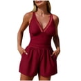 thumbnail image 1 of Hduncf Women's One Piece Romper Swimsuit Padded Sporty Tummy Control Bathing Suit Workout Short Jumpsuits with Pockets Red L, 1 of 5