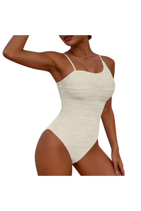 Women's One Piece Swimsuit Solid Color Tummy Control Bathing Suit Fashion Pleated Beach Swimwear for Beach Vacation Beige XL