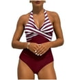 thumbnail image 1 of Hduncf Women's One Piece Swimsuit Striped V Neck Bikini Tummy Control Bathing Suits Slimming Front Cross Swimwear Red XL, 1 of 5