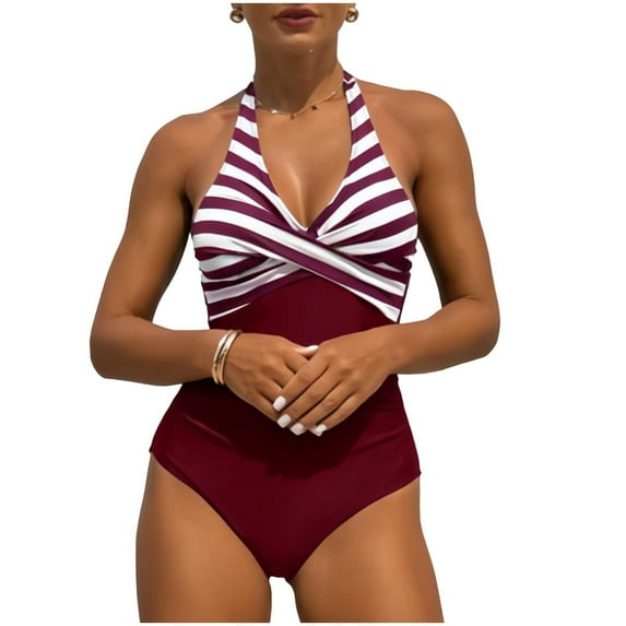 Hduncf Women's One Piece Swimsuit Striped V Neck Bikini Tummy Control Bathing Suits Slimming Front Cross Swimwear Red XL