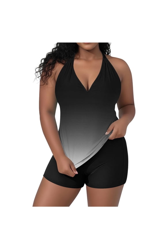 Women's Plus Size Casual Fashion Print Split Back Strappy Adjustable Top With Built-in Bralettes Swimwear Set Black XXXXL