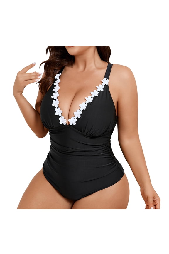 Women's Plus Size One Piece Swimsuit Ribbed Knit Patchwork Ruched Beachwear Floral Trim V-Neck Slimming Fit Swimwear White L