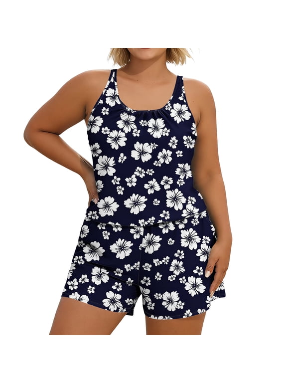 Women's Plus Size Swim Romper One Piece Swimsuits Push-Up Padded Swimwear Fashion Printing Round Neck Bathing Suit with Pockets Blue XXXL