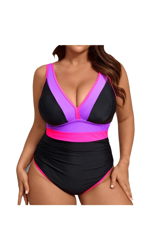 Women's Plus Size Swimsuit One Piece Tummy Control Color Block Bathing Suit Cutout Halter Ruched Deep V Neck Swimwear Pink XXXXL
