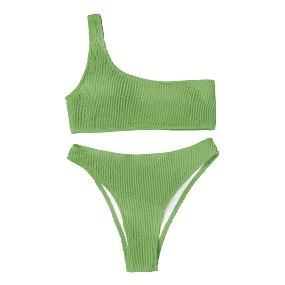 Hduncf Women's Ribbed Bikini Sets Two Shoulder Push-Up Pad Top Mid Waist Cheeky Bathing Suit Bottom Beachwear Set Green M
