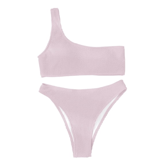 Hduncf Women's Ribbed Bikini Sets Two Shoulder Push-Up Pad Top Mid Waist Cheeky Bathing Suit Bottom Beachwear Set Pink M
