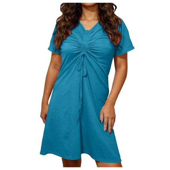 Hduncf Women's Short Sleeve Summer Mini Dress Tie Front Ruched Short Dress Solid V Neck A Line Tshirt Dresses Loungewear Blue L