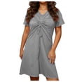 thumbnail image 1 of Hduncf Women's Short Sleeve Summer Mini Dress Tie Front Ruched Short Dress Solid V Neck A Line Tshirt Dresses Loungewear Gray XXXL, 1 of 6