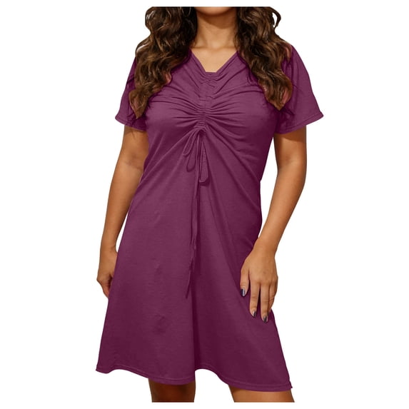 Hduncf Women's Short Sleeve Summer Mini Dress Tie Front Ruched Short Dress Solid V Neck A Line Tshirt Dresses Loungewear Red XXXL