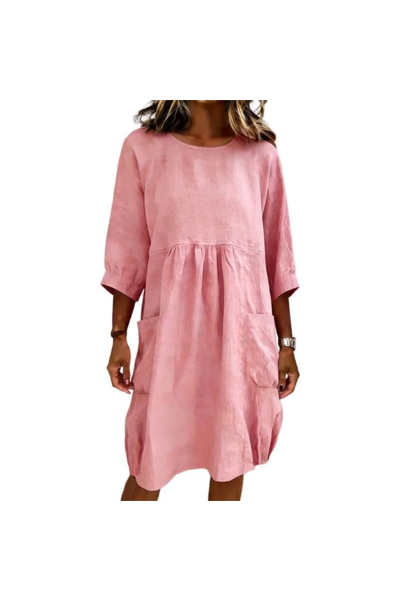 Women's Solid Color Casual Round Neck Three-Quarter Sleeve Dresses Knee Length Pocket Loose Fit Spring Summer Dress Pink XL