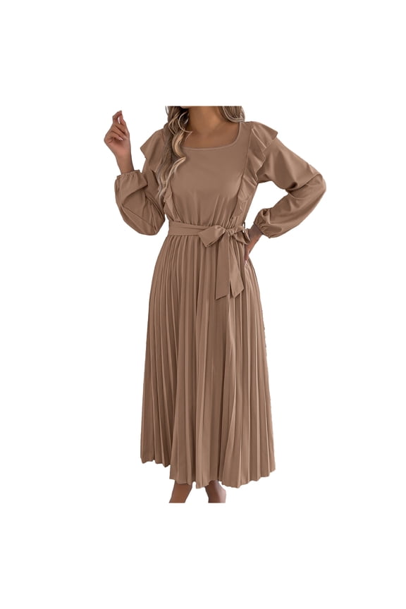Women's Spring Fall Midi Dress Casual Long Sleeve Square Neck Ruffle Waist Pleated Dress A Line Flowy Dresses Yellow M