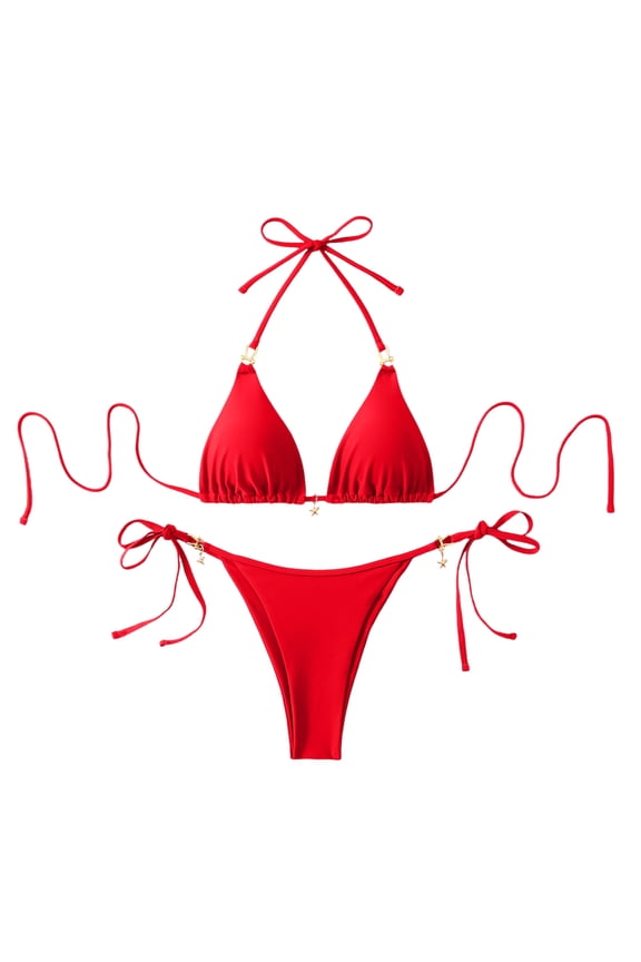 Women's String Bikini Set Halter Neck Tie Side Bathing Suits Summer Beach Vacation Two Piece Swimsuit Red M