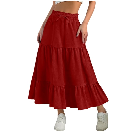 Hduncf Women's Summer Boho Skirts Fashion Elastic High Waisted Drawstring Ruffle Hem Maxi Skirts Flowy Tiered A Line Skort Red XXL
