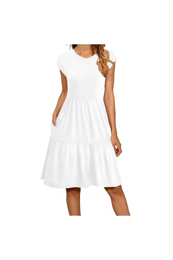 Women's Summer Casual Dress with Pockets Crew Neck Cap Sleeve Knee Length Sundress Flowy Tiered Beach Dresses White L