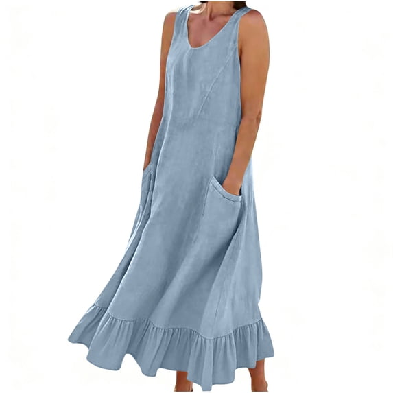 Hduncf Women's Summer Cotton Linen Long Dress Sleeveless Elegant Flowy Dresses Plus Size Loose Comfy Dress with Pockets Blue XXL