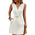 thumbnail image 1 of Hduncf Women's Summer Sleeveless Mini Dress Solid Color Cotton Linen V Neck Cinched A Line Slim Tank Short Dress White S, 1 of 5