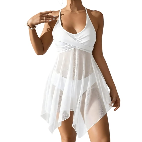 Hduncf Women's Tankini Sets Solid Color Flowy Mesh Swimsuits Two Piece Swim Dress with Shorts Full Coverage Bathing Suits White S