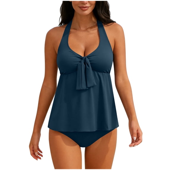 Hduncf Women's Tankini Swimsuits Tummy Control Two Piece Bathing Suit V Neck Tie Front Flowy Swim Top with Bottom Blue M