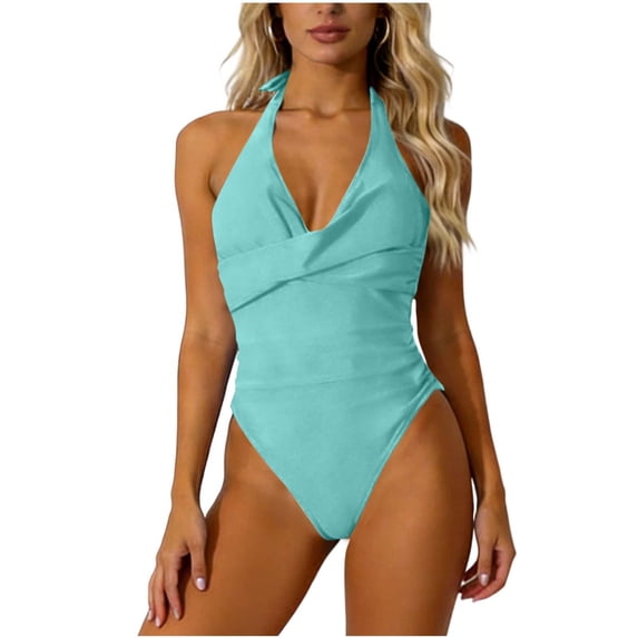Hduncf Women's Tummy Control One Piece Swimsuit Twist Front V Neck Bathing Suits Bikini Halterneck Summer Beach Swimwear Blue XXL