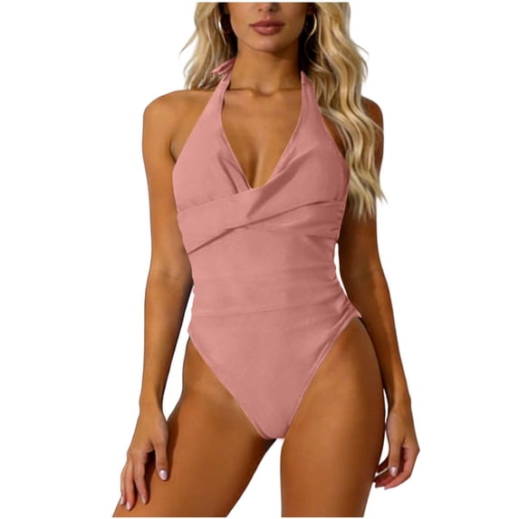 Hduncf Women's Tummy Control One Piece Swimsuit Twist Front V Neck Bathing Suits Bikini Halterneck Summer Beach Swimwear Pink XXL