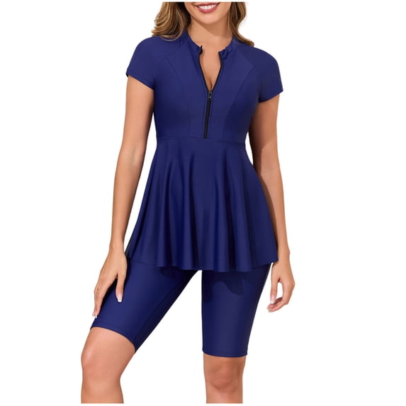 Hduncf Women's Two Piece Rash Guard UPF 50+ Short Sleeve Swimsuits Zipper Front Peplum Swim Shirts with Board Shorts Blue M