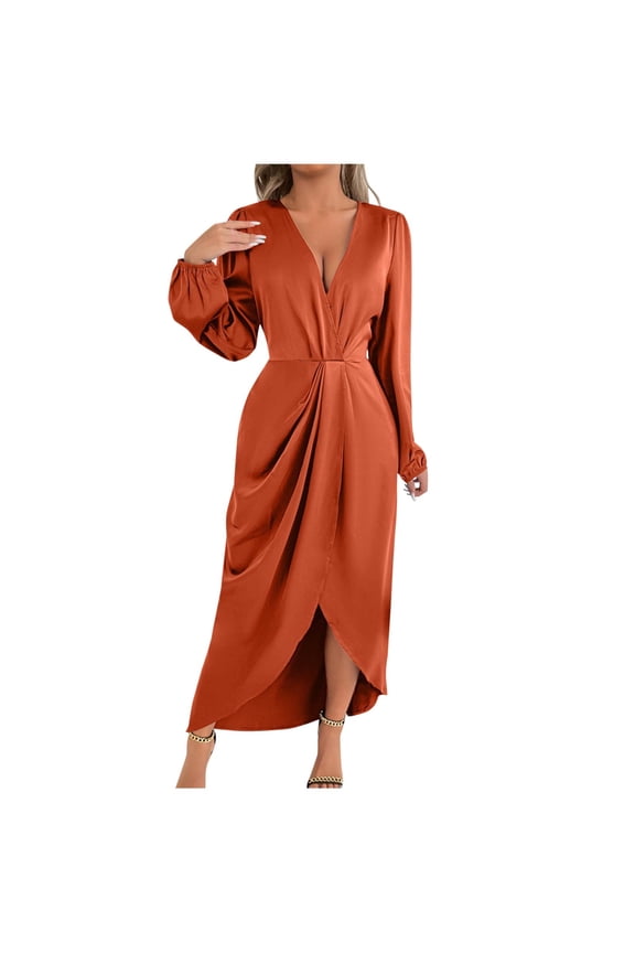 Women's Wrap V Neck Long Sleeve Satin Midi Dress Split Hem Ruched Pleated Formal Evening Cocktail Party Dresses Orange M