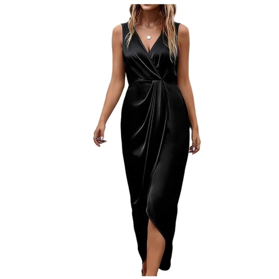 Hduncf Women's Wrap V Neck Sleevedless Lrregular Midi Dress Split Hem Ruched Pleated Formal Evening Party Dresses Black L