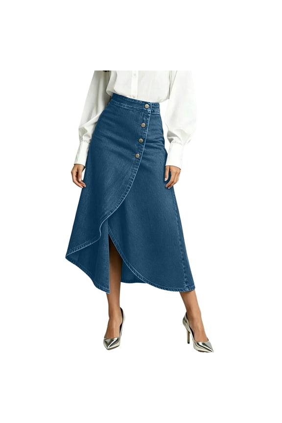 Womens Asymmetrical Wrap Hem A-Line Slit Denim Midi Jean Skirt Stretch High Waist Frayed Button Up Skirts For Work Daily Wear Blue S