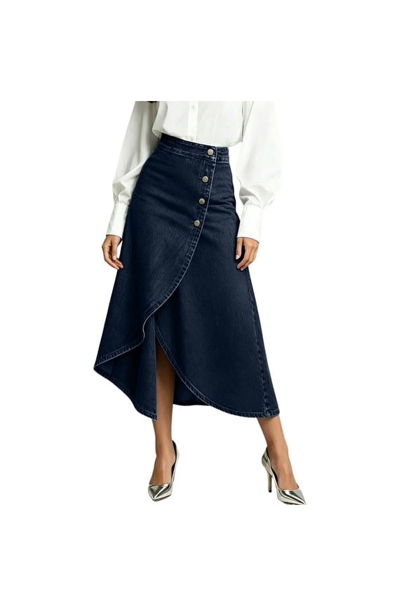 Womens Asymmetrical Wrap Hem A-Line Slit Denim Midi Jean Skirt Stretch High Waist Frayed Button Up Skirts For Work Daily Wear Blue S