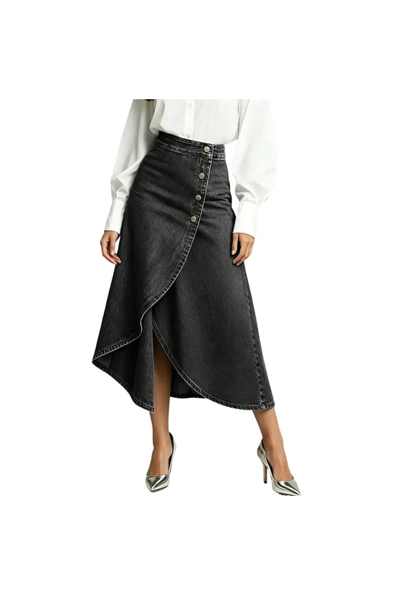 Womens Asymmetrical Wrap Hem A-Line Slit Denim Midi Jean Skirt Stretch High Waist Frayed Button Up Skirts For Work Daily Wear Gray M