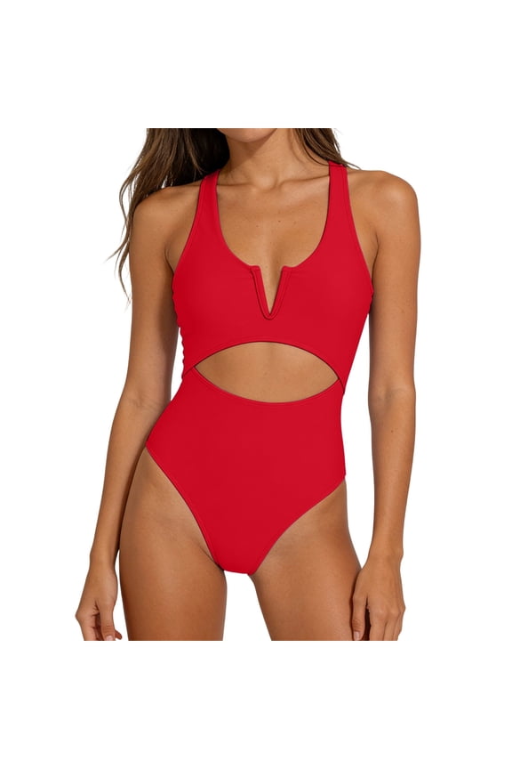Womens Backless Cutout Swimsuits One Piece Cut V Neck Solid Bathing Suits Wide Straps High Cut Slimming Swimwear Red S